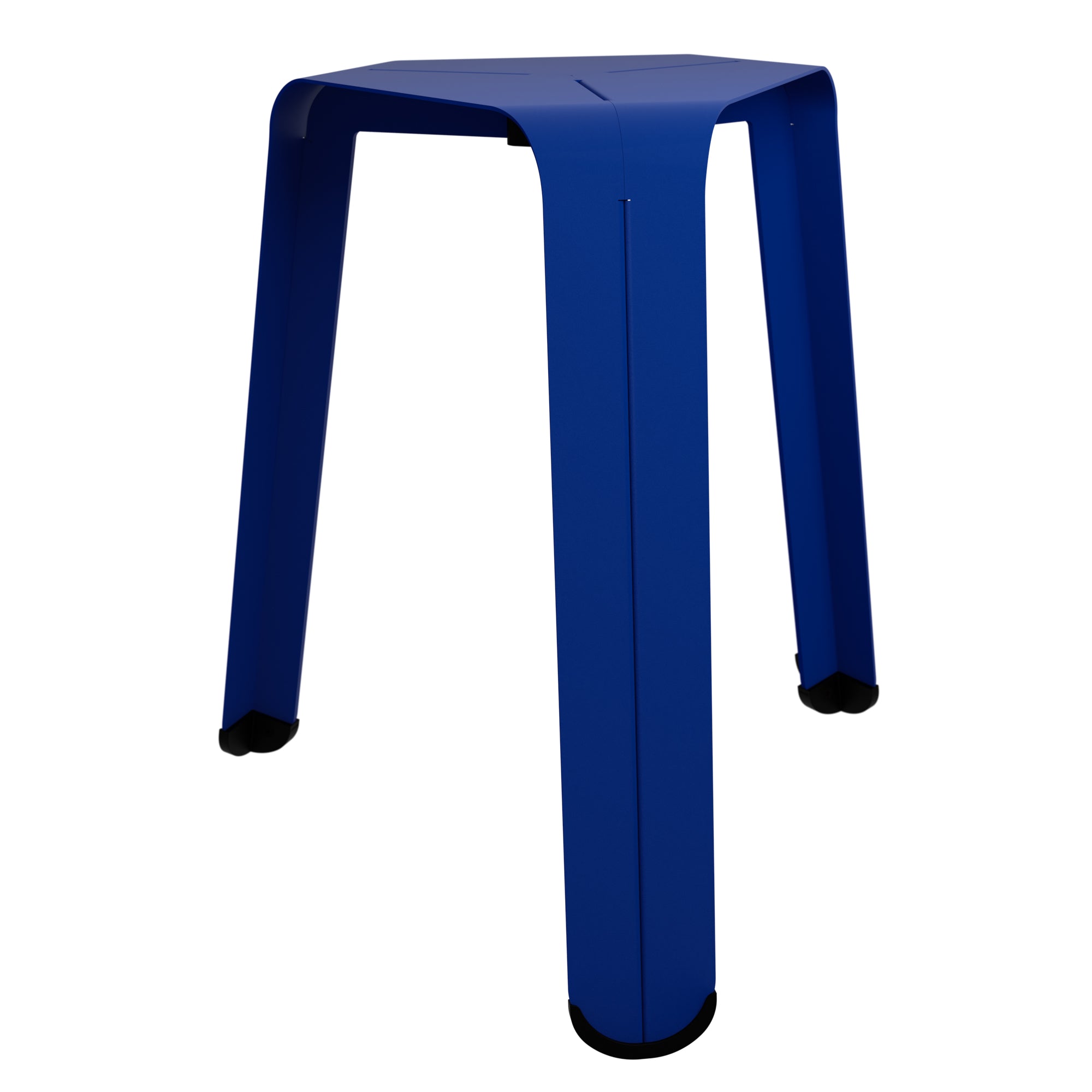 hocker blau dreibeinig aus stahl mit schwarzen füßen, perspektive