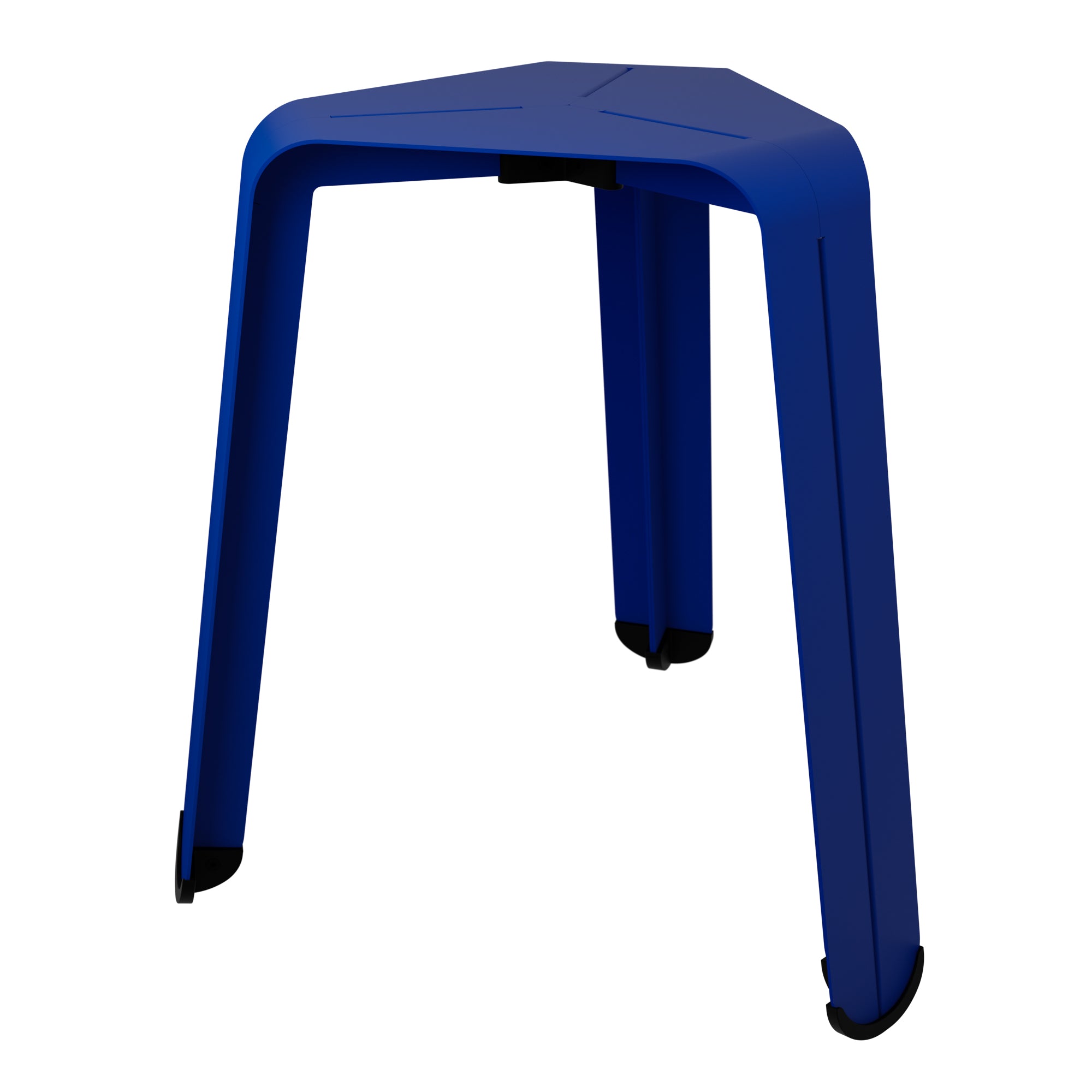 hocker blau dreibeinig aus stahl mit schwarzen füßen, perspektive
