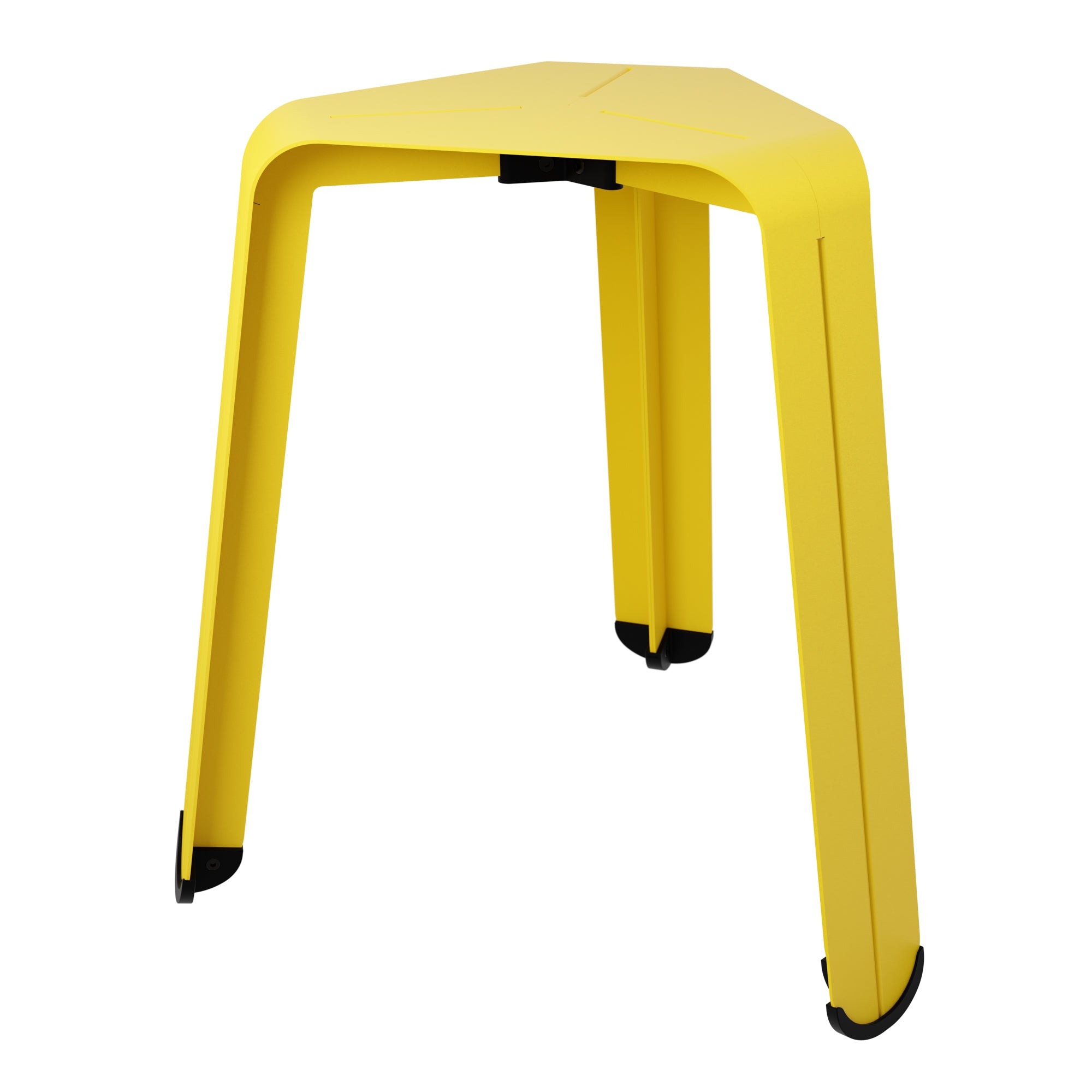 hocker gelb dreibeinig aus Stahl mit schwarzen füßen, rückseite