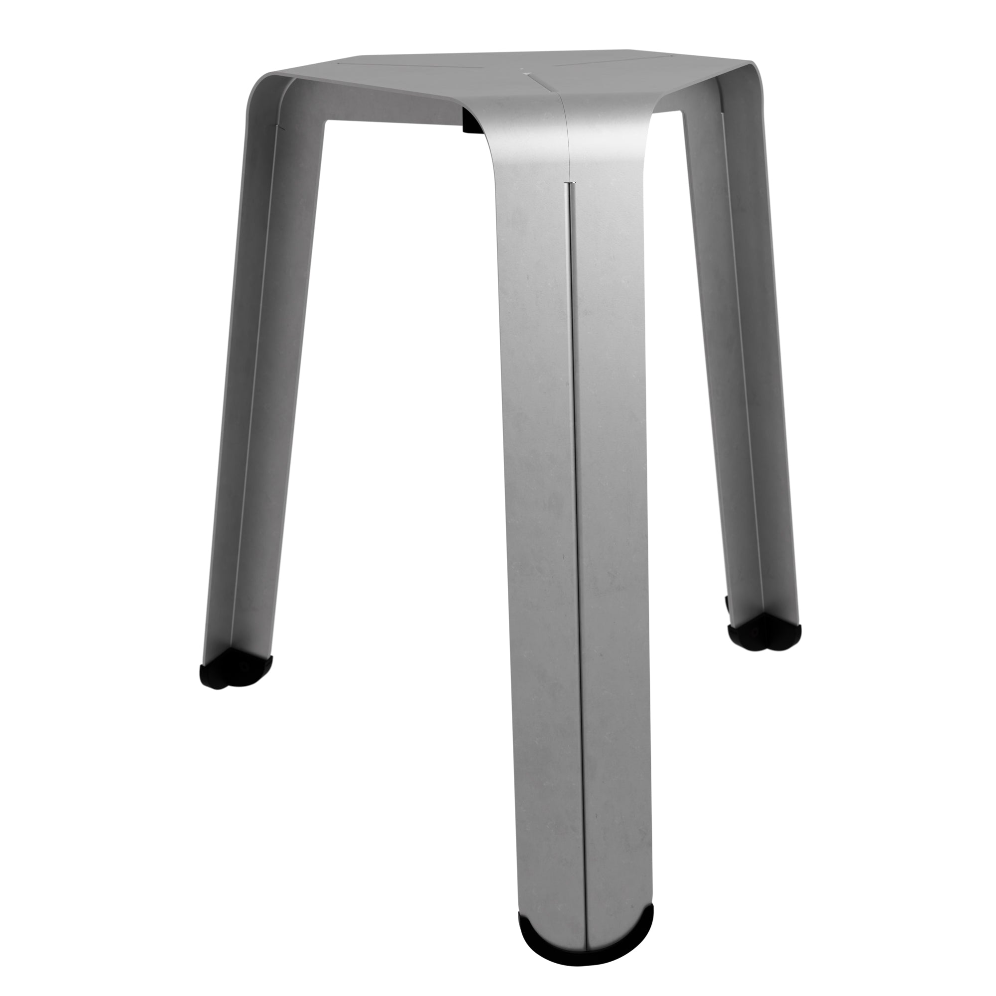 hocker silber dreibeinig aus stahl mit schwarzen füßen, perspektive